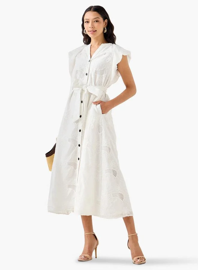 ايكونيك Iconic Embroidered A-line Women Dress with Tie-Up Belt